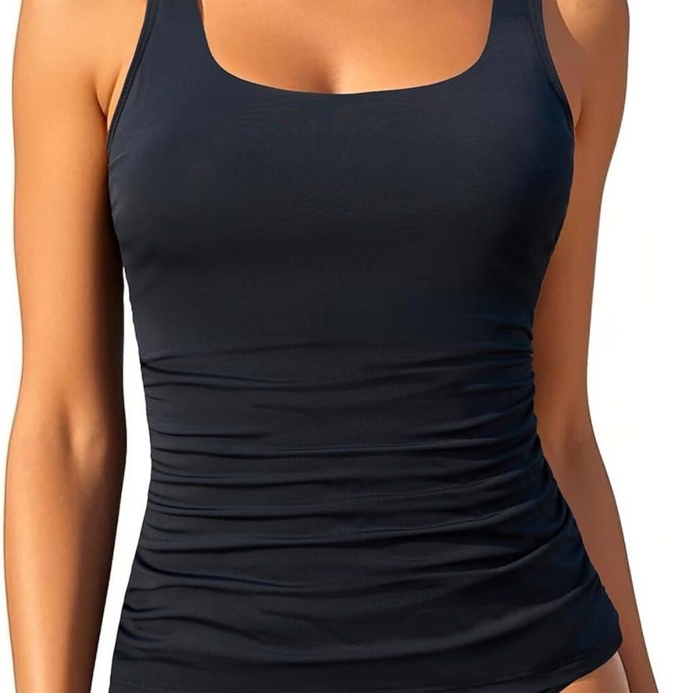 Aqua Eve Women's Tankini Top L Black Tummy Control Adjustable Straps